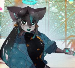 Rule 34 | 1girl, :3, :d, aran sweater, black sweater, blue hair, blue jacket, brown eyes, cable knit, furry, furry female, gradient hair, green eyes, grey hair, hair between eyes, halo, heterochromia, idkuroi, jacket, jewelry, long hair, long sleeves, looking at viewer, multicolored hair, open clothes, open jacket, open mouth, original, ring, smile, solo, star-shaped pupils, star (symbol), star in mouth, sweater, symbol-shaped pupils