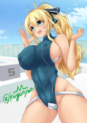 Rule 34 | 1girl, artist logo, atago (kancolle), blonde hair, blue sky, blue one-piece swimsuit, breasts, cloud, commentary request, competition swimsuit, covered erect nipples, cowboy shot, highres, kantai collection, kuga zankurou, large breasts, long hair, one-piece swimsuit, open mouth, ponytail, round teeth, sky, solo, starting block, swimsuit, teeth, upper teeth only