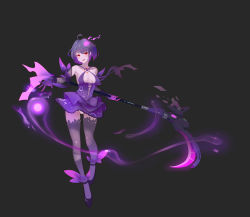 Rule 34 | 1girl, :d, absurdres, aura, bare shoulders, breasts, cleavage, dress, elbow gloves, full body, gloves, grey background, high heels, highres, holding, holding scythe, holding weapon, honkai (series), honkai impact 3rd, looking at viewer, open mouth, panties, purple dress, purple footwear, purple gloves, purple hair, purple legwear, red eyes, scythe, seele (alter ego), seele vollerei, simple background, sleeveless, sleeveless dress, smile, solo, standing, tattoo, underwear, weapon, white panties, xionghan de guangtou