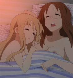 Rule 34 | 00s, 2girls, age difference, bad id, bad pixiv id, bare shoulders, bed, bed sheet, blonde hair, blush, breasts, brown hair, covering privates, closed eyes, female focus, glasses, heart, k-on!, kotobuki tsumugi, long hair, multiple girls, nipples, nude, nude cover, open mouth, pillow, round teeth, sleeping, snoring, teacher, teacher and student, teeth, umanonakama, under covers, yamanaka sawako, yuri
