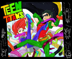 Rule 34 | 1boy, 1girl, alien, angry, armor, black hair, boots, cape, cartoon network, clenched teeth, copyright name, dc comics, dick grayson, domino mask, fighting, gloves, green eyes, imminent rape, mask, pixiv sample, red hair, resized, robin (dc), squid, starfire, struggling, teen titans, teeth, tentacles, tentacles on male, tentacles under clothes, thigh boots, thighhighs