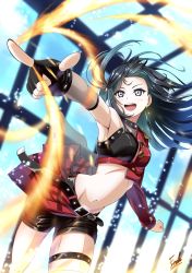 Rule 34 | 1girl, absurdres, armpits, asymmetrical gloves, asymmetrical legwear, asymmetrical sleeves, belt buckle, black eyes, black gloves, black hair, black shorts, black sleeves, blue hair, buckle, buttons, collarbone, crop top, dive! (love live!), earrings, endo yohane, epaulettes, fingerless gloves, fire, gloves, grey eyes, half-skirt, highres, jewelry, long hair, love live!, love live! nijigasaki high school idol club, multicolored hair, navel, one side up, open mouth, outstretched arm, red sleeves, see-through, shorts, single bare shoulder, single glove, single sleeve, solo, star (symbol), star earrings, streaked hair, thigh strap, uneven gloves, uneven legwear, uneven sleeves, yuki setsuna (love live!)