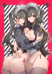 Rule 34 | 2girls, apron, ass, asymmetrical docking, bad id, bad twitter id, blush, bottomless, bow, bowtie, breast press, breasts, breasts out, cameltoe, cleavage, cleft of venus, cowboy shot, frills, green eyes, green hair, grey hair, hair between eyes, hair ribbon, highleg, highleg panties, hug, jewelry, juliet sleeves, long hair, long sleeves, looking at viewer, maid, maid headdress, medium breasts, micro panties, multiple girls, open clothes, open shirt, original, panties, puffy sleeves, ribbon, ring, side-tie panties, sidelocks, skindentation, standing, string panties, tajima ryuushi, take your pick, thighhighs, thighs, thong, twintails, underwear, white legwear, white panties, yuri