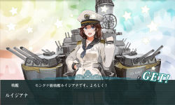 Rule 34 | 10s, 1girl, blue eyes, brown hair, fake screenshot, garter straps, hat, jeanex, kantai collection, long sleeves, looking at viewer, military, military hat, military uniform, naval uniform, neckerchief, original, pacific (kancolle), solo, thighhighs, uniform, united states, united states navy, uss louisiana, uss louisiana (pacific)
