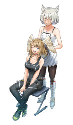 Rule 34 | 2girls, absurdres, black pants, black pantyhose, black tank top, blonde hair, breast tattoo, breasts, brushing another&#039;s hair, brushing hair, camisole, chair, cleavage, closed eyes, eunie (xenoblade), folding chair, folding stool, full body, grey hair, grin, highres, large breasts, medium hair, mio (xenoblade), multiple girls, one eye closed, open mouth, pants, pantyhose, short hair, simple background, sitting, small breasts, smile, tank top, tattoo, white background, white camisole, xenoblade chronicles (series), xenoblade chronicles 3, you nf