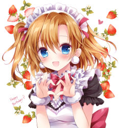 Rule 34 | 10s, 1girl, :d, blue eyes, earrings, flower, food, frilled sleeves, frills, fruit, happy birthday, heart, heart hands, jewelry, kosaka honoka, looking at viewer, love live!, love live! school idol project, maid, maid headdress, mogyutto &quot;love&quot; de sekkin chuu!, nogi takayoshi, open mouth, orange hair, parted bangs, puffy short sleeves, puffy sleeves, short sleeves, side ponytail, smile, solo, strawberry, strawberry blossoms, upper body, wrist cuffs