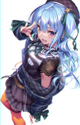 Rule 34 | 1girl, :d, arm up, beret, black hat, black jacket, black shirt, black skirt, blue hair, blush, bow, breasts, collared shirt, commentary request, earrings, floral print, green bow, green ribbon, hair between eyes, hair ribbon, hand up, hat, highres, hololive, hoshimachi suisei, hoshimachi suisei (streetwear), jacket, jewelry, long hair, long sleeves, looking at viewer, nail polish, neck ribbon, off shoulder, one side up, open clothes, open jacket, open mouth, orange pantyhose, pantyhose, piromizu, print sleeves, purple eyes, ribbon, ring, shirt, short sleeves, simple background, skirt, smile, solo, standing, standing on one leg, star (symbol), star in eye, symbol in eye, thigh strap, virtual youtuber, white background, yellow nails