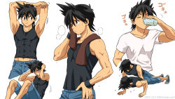 Rule 34 | 1boy, abs, armpits, artist name, black hair, black shirt, brown eyes, brown towel, closed eyes, closed mouth, commentary request, creatures (company), cup, dated, drinking, exercising, game freak, hand on own hip, highres, kibisakura2, male focus, multiple views, nintendo, parted lips, pokemon, pokemon adventures, red (pokemon), shirt, short sleeves, shorts, sideways glance, sleeveless, sleeveless shirt, stretching, sweat, towel, towel around neck, white shirt