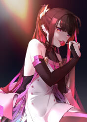 Rule 34 | 1girl, absurdres, backlighting, bare shoulders, black bridal gauntlets, black gloves, black hair, blunt bangs, bridal gauntlets, candy, dress, elbow gloves, food, gloves, high ponytail, highres, jinribbit, lollipop, long hair, looking at viewer, original, red eyes, red hair, red theme, sleeveless, smile, solo, tongue, tongue out, upper body, very long hair, white dress