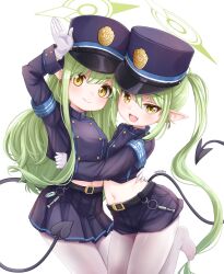 Rule 34 | 2girls, absurdres, belt, black belt, black hat, black jacket, black shorts, black skirt, black tail, blue archive, blush, breasts, closed mouth, comodomodo, demon tail, earrings, fang, gloves, green hair, green halo, halo, hat, hikari (blue archive), nozomi (blue archive), highres, jacket, jewelry, long hair, long sleeves, looking at viewer, multiple girls, navel, open mouth, pantyhose, peaked cap, pleated skirt, pointy ears, shorts, sidelocks, signature, simple background, skin fang, skirt, small breasts, smile, tail, twintails, white background, white gloves, white pantyhose, yellow eyes