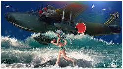 Rule 34 | 1girl, ahoge, aircraft, airplane, akitsushima (kancolle), bikini, bird, blue sky, closed eyes, commentary request, flying boat, full body, h8k, highres, kantai collection, long hair, nishikitaitei-chan, polka dot, purple hair, running, seagull, side ponytail, sky, solo, swimsuit, timmyyen, vehicle focus, waves