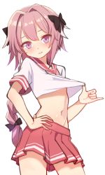Rule 34 | 1boy, androgynous, astolfo (fate), astolfo (sailor paladin) (fate), bad id, bad pixiv id, black bow, blush, bow, braid, commentary request, crossdressing, fate/apocrypha, fate/grand order, fate (series), hair bow, hair intakes, hair ribbon, highres, long hair, looking at viewer, male focus, multicolored hair, official alternate costume, pink hair, pink skirt, planetarium (platinumstars), purple eyes, ribbon, school uniform, serafuku, shirt, short sleeves, simple background, single braid, skirt, smile, solo, streaked hair, trap, white background, white shirt