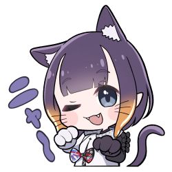 Rule 34 | 1girl, ;d, animal ear fluff, animal ears, animal hands, asymmetrical gloves, black gloves, blush stickers, brown hair, cat ears, cat girl, cat tail, chibi, cropped torso, dress, fangs, gloves, gradient hair, highres, hololive, hololive english, kemonomimi mode, long sleeves, looking at viewer, mismatched gloves, moja (mojya 777), multicolored hair, ninomae ina&#039;nis, ninomae ina&#039;nis (party dress), one eye closed, open mouth, paw gloves, purple hair, sidelocks, simple background, smile, solo, tail, translation request, upper body, virtual youtuber, whiskers, white background, white dress, white gloves