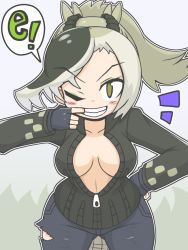 Rule 34 | 1girl, arm up, asymmetrical hair, black gloves, blush stickers, breasts, collared jacket, cowboy shot, crocodilian tail, finger in own mouth, fingerless gloves, full-length zipper, gloves, green eyes, green hair, green jacket, grey hair, grin, hand on own hip, high ponytail, jacket, kemono friends, leaning forward, long hair, long sleeves, looking at viewer, medium breasts, mouth pull, multicolored hair, no bra, one eye closed, outline, pants, partially unzipped, saltwater crocodile (kemono friends), smile, solo, tail, teeth, torn clothes, torn pants, v-shaped eyebrows, white outline, wirou, zipper