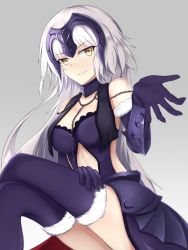 Rule 34 | bad id, bad pixiv id, blue thighhighs, blush, breasts, chain, cleavage, dress, fate/grand order, fate (series), gloves, grey background, highres, jeanne d&#039;arc (fate), jeanne d&#039;arc alter (avenger) (fate), jeanne d&#039;arc alter (avenger) (third ascension) (fate), jeanne d&#039;arc alter (fate), long hair, outstretched hand, simple background, sitting, smile, thighhighs, very long hair, white hair, yellow eyes