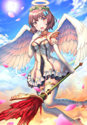 Rule 34 | 1girl, :d, angel, angel wings, bad id, bad pixiv id, bare shoulders, blue bow, blue sky, blurry, blurry foreground, blush, bow, breasts, brown eyes, brown hair, cleavage, cloud, commentary request, day, depth of field, dress, elbow gloves, feathered wings, flower, flower wreath, garter straps, gloves, glowing, hair between eyes, hair bow, halo, hand to own mouth, hand up, head wreath, highres, holding, medium breasts, miya (tokumei), open mouth, original, outdoors, petals, pink flower, red footwear, shoes, sky, smile, solo, sun, sunlight, thighhighs, white dress, white gloves, white thighhighs, white wings, wings
