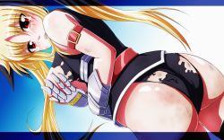 Rule 34 | 00s, 1girl, ass, blonde hair, covering breasts, covering privates, fate testarossa, fate testarossa (true sonic form), highres, letterboxed, long hair, lyrical nanoha, mahou shoujo lyrical nanoha strikers, md5 mismatch, red eyes, solo, tappa (esperanza), torn clothes
