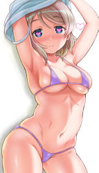 Rule 34 | 1girl, armpits, arms up, bikini, blue eyes, blush, breasts, brown hair, changing clothes, cleavage, closed mouth, commentary request, contrapposto, cowboy shot, curvy, gonta (gshoutai), grey hair, groin, halterneck, heart, heart-shaped pupils, highres, hip bones, lipstick, looking at viewer, love live!, love live! sunshine!!, makeup, micro bikini, narrow waist, navel, purple bikini, raised eyebrows, ribs, short hair, silhouette, simple background, skindentation, smile, solo, stomach, string bikini, swept bangs, swimsuit, symbol-shaped pupils, underboob, undressing, watanabe you, white background, wide hips