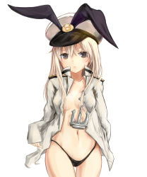 Rule 34 | 1girl, admiral (kancolle) (cosplay), admiral (kancolle), anchor hair ornament, black panties, blonde hair, breasts, cosplay, cowboy shot, gloves, grey eyes, hair ornament, hat, highleg, highleg panties, kantai collection, long hair, long sleeves, military, military uniform, naval uniform, navel, no bra, panties, peaked cap, shimakaze (kancolle), shionji ax, simple background, small breasts, solo, thighhighs, underwear, uniform, white background