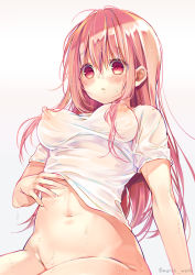 Rule 34 | 1girl, belly, bottomless, breasts, covered erect nipples, hair between eyes, hair down, highres, hinako note, lifting own clothes, long hair, march-bunny, navel, perky breasts, red eyes, red hair, sakuragi hinako, see-through, shirt, simple background, solo, stomach, wet, wet clothes, wet shirt, white background
