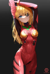 Rule 34 | 1girl, arms up, bandaged arm, bandages, black background, black bodysuit, blonde hair, blue eyes, bodysuit, breasts, breasts apart, closed mouth, commentary request, cowboy shot, eyepatch, frown, gradient background, hair ornament, highres, long hair, looking at viewer, medium breasts, neon genesis evangelion, orange hair, pilot suit, plugsuit, red bodysuit, shiny clothes, smilent, solo, souryuu asuka langley