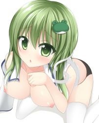 1girl bad_id bad_pixiv_id bare_shoulders black_panties blouse blush breasts chimunge cleavage collarbone female_focus frog_hair_ornament green_eyes green_hair hair_ornament highres kochiya_sanae large_breasts long_hair looking_at_viewer matching_hair/eyes naked_shirt nipples open_clothes open_mouth open_shirt panties shirt sitting sleeveless sleeveless_shirt snake snake_hair_ornament solo thighhighs touhou underwear wariza white_thighhighs