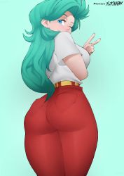 Rule 34 | 1girl, aqua hair, ass, blue eyes, blush, breasts, bulma, denim, dragon ball, dragonball z, earrings, flytrapxx, from behind, from below, green background, high-waist pants, highres, huge ass, jeans, jewelry, large breasts, long hair, looking at viewer, looking back, mature female, narrow waist, paid reward available, pants, red pants, shiny clothes, shirt, sideboob, smile, solo, standing, thick thighs, thighs, tight clothes, tight pants, v, very long hair