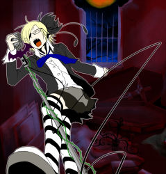 Rule 34 | 1girl, bad id, bad pixiv id, bespectacled, blonde hair, closed eyes, coffin, fangs, female focus, glare (vocaloid), glasses, highres, indoors, kagamine rin, microphone, microphone stand, open mouth, ribbon, sabuibo maru, short hair, solo, striped clothes, striped thighhighs, thighhighs, vampire, vocaloid, zettai ryouiki