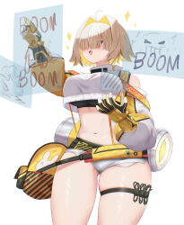 Rule 34 | 1girl, :d, absurdres, ahoge, black gloves, black sports bra, blonde hair, blush, breasts, clothing cutout, crop top, crop top overhang, cropped sweater, elegg (nikke), exposed pocket, gloves, goddess of victory: nikke, grey shorts, hair intakes, hair over eyes, highres, large breasts, long bangs, long sleeves, micro shorts, multicolored clothes, multicolored gloves, multicolored hair, navel, open mouth, otaka sin6, purple eyes, short hair, shorts, shoulder cutout, skindentation, smile, solo, sports bra, stomach, suspender shorts, suspenders, thigh strap, thighs, two-tone hair, yellow gloves
