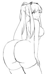 Rule 34 | 1girl, ass, ass focus, highres, huge ass, long hair, monika (doki doki literature club), monochrome, pants, sketch, smile, solo, thighhighs, tight clothes, tight pants, topless, zonen404