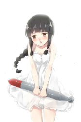 Rule 34 | 10s, 1girl, alternate costume, black hair, blush, bowing, braid, brown eyes, carrying, dress, engiyoshi, kantai collection, kitakami (kancolle), long hair, open mouth, simple background, single braid, solo, torpedo, v arms, white background, white dress