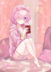Rule 34 | 1girl, absurdres, alternate costume, barefoot, blush, bow, closed mouth, commentary request, cup, fate/grand order, fate (series), hair bow, hair over one eye, hairband, harukappa, highres, holding, holding cup, hood, hood down, hooded jacket, jacket, looking at viewer, mash kyrielight, mug, one eye covered, open clothes, open jacket, pillow, pink bow, pink hair, pink hairband, pink jacket, pink shorts, purple eyes, short hair, shorts, sitting, smile, solo, striped, toes