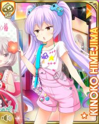 Rule 34 | 1girl, :o, card (medium), character name, controller, day, game controller, girlfriend (kari), hair ornament, himejima kinoko, long hair, mushroom, official art, open mouth, outdoors, overalls, purple hair, qp:flapper, shirt, short sleeves, shorts, solo, standing, tagme, themed hair ornament, twintails, very long hair, white shirt, yellow eyes