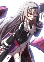 Rule 34 | 1girl, alternate costume, blonde hair, blush, book, braid, glasses, glowing, glowing eyes, gretel (mary skelter), hair ornament, hairband, looking at viewer, mary skelter, mizunashi (second run), red eyes, smile, solo, thighhighs