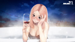 Rule 34 | 1girl, absurdres, alcohol, black eyes, blonde hair, blush, breasts, cleavage, cloud, commentary request, cup, drinking glass, hand on own cheek, hand on own face, hands up, highres, holding, holding cup, jungon kim, korean commentary, large breasts, long hair, looking at viewer, mole, mole under eye, nail polish, night, nose blush, open mouth, original, outdoors, partially submerged, pink nails, red wine, solo, upper body, water, wet, wine, wine glass