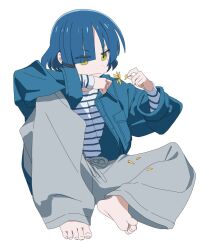 1girl barefoot blue_hair bocchi_the_rock! dot_nose eyes_visible_through_hair feet green_eyes highres jacket knee_up long_sleeves loose_clothes loose_pants mole mole_under_eye official_alternate_costume on_floor open_clothes open_jacket plucking_petals shirt short_hair sitting soles solo striped_clothes striped_shirt toes v-shaped_eyebrows white_background yamad_urian yamada_ryo