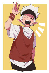 Rule 34 | 1boy, absurdres, blush, border, hand up, highres, laughing, luo xiaohei zhanji, male focus, nploser, open mouth, pointy ears, red shirt, shirt, short sleeves, smile, solo, white border, white hair, white shirt, wristband, yi feng (the legend of luoxiaohei)