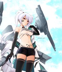Rule 34 | 1girl, absurdres, alabama (azur lane), arescr, azur lane, bandeau, bare shoulders, bikini, bikini under clothes, black bikini, black gloves, black shorts, black thighhighs, blue sky, breasts, clothes writing, cloud, commentary, cowboy shot, day, detached collar, elbow gloves, facial mark, gloves, grin, hand up, head tilt, highres, jacket, unworn jacket, large breasts, long hair, looking at viewer, midriff, navel, red eyes, see-through, short shorts, shorts, silver hair, sky, smile, solo, standing, stomach, strapless, swimsuit, thighhighs, thighs, tube top, twintails, whisker markings, white jacket