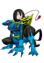 Rule 34 | 1girl, absurdres, adapted costume, all fours, altronage, armor, asui tsuyu, beast wars, beast wars: transformers, black eyes, black footwear, black hair, blue bodysuit, blue gloves, bodysuit, boku no hero academia, boots, commission, frog girl, gloves, highres, long hair, long tongue, low ponytail, pauldrons, poison dart frog, ponytail, predacon, shoulder armor, shoulder pads, spittor, squatting, stamp mark, thigh boots, tongue, tongue out, transformers, transformers car robots, very long hair