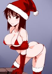Rule 34 | 00s, 1girl, arched back, bent over, bikini, black eyes, black hair, breast hold, breasts, butt crack, christmas, cosaten, elbow gloves, fur trim, gloves, hat, large breasts, red bikini, red gloves, red thighhighs, santa hat, school rumble, short hair, solo, string bikini, suou mikoto (school rumble), swimsuit, thighhighs