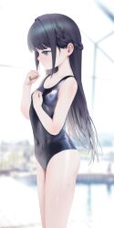 Rule 34 | 1girl, absurdres, andvari (last origin), black hair, black one-piece swimsuit, blue eyes, braid, breasts, character name, covered navel, french braid, highres, last origin, long hair, one-piece swimsuit, school swimsuit, small breasts, solo, standing, swimsuit, teddyellow