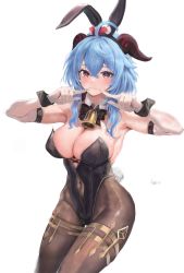 Rule 34 | 1girl, ahoge, aimu (angry9565), alternate costume, animal ears, armpits, arms up, artist name, bare shoulders, bell, black bow, black bowtie, black leotard, blue hair, blush, bow, bowtie, breasts, brown pantyhose, cleavage, collar, covered navel, crossed bangs, detached collar, elbow gloves, fake animal ears, fake tail, fingers to cheeks, ganyu (genshin impact), genshin impact, gloves, goat horns, hair between eyes, highleg, highleg leotard, highres, horns, large breasts, leotard, lips, long hair, neck bell, pantyhose, playboy bunny, rabbit ears, rabbit tail, simple background, smile, solo, strapless, strapless leotard, tail, white background, white collar, wrist cuffs