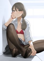 Rule 34 | 1girl, black pantyhose, blush, bra, breasts, brown hair, commentary request, dress shirt, earrings, feet, grey eyes, grey skirt, hair between eyes, head rest, highres, indian style, jewelry, legs, long hair, looking at viewer, necklace, no shoes, open clothes, open shirt, original, panties, panties under pantyhose, pantyhose, pantyshot, parted lips, pleated skirt, red bra, red panties, shirt, side ponytail, sitting, skirt, sleeves rolled up, solo, thighband pantyhose, toes, underwear, yomu (sgt epper)