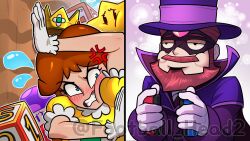 Rule 34 | 1boy, 1girl, :i, anger vein, artist name, beard, black eyes, blue eyes, blush, brown hair, cape, commentary, crown, domino mask, dress, facial hair, flying sweatdrops, footballhead, gloves, hat, high collar, highres, holding, jacket, joy-con, mario (series), mario party, mario party superstars, mask, mustache, nintendo, nose blush, poison mushroom, princess daisy, puffy short sleeves, puffy sleeves, purple cape, purple headwear, purple jacket, short hair, short sleeves, smile, sophist (youtuber), star (symbol), top hat, twitter username, upper body, white gloves, yellow dress