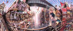 Rule 34 | blonde hair, blue eyes, broom, broom riding, city, cityscape, cloud, crossed arms, doll, fisheye, highres, john hathway, long image, maid, mask, multiple boys, multiple girls, original, rocket, sale, scenery, sign, sky, striped clothes, striped legwear, striped thighhighs, thighhighs, wide image