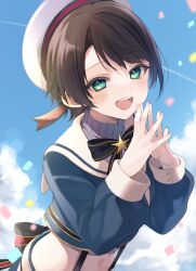 Rule 34 | 1girl, beret, black hair, blue shirt, blue sky, blush, cloud, cloudy sky, commentary request, confetti, green eyes, hands up, hat, highres, hololive, long sleeves, midriff, navel, official alternate costume, oozora subaru, oozora subaru (work), open mouth, outdoors, parted bangs, puffy long sleeves, puffy sleeves, sailor collar, shirt, short hair, sky, smile, solo, steepled fingers, stomach, tomboy, toramaru (toramal9831), turtleneck, upper body, virtual youtuber, white hat, white sailor collar