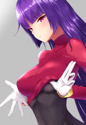 Rule 34 | 1girl, black bodysuit, blunt bangs, blush, bodysuit, breasts, clothes lift, creatures (company), game freak, gloves, gym leader, hesumi, hime cut, long sleeves, looking at viewer, medium breasts, nintendo, pokemon, pokemon frlg, purple hair, red eyes, sabrina (pokemon), shirt lift, skin tight, solo, upper body, white gloves