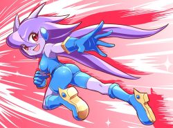 Rule 34 | 1girl, ass, bare shoulders, bike shorts, blush, boots, breasts, colored skin, cougar (cougar1404), freedom planet, from behind, galaxytrail, gloves, long hair, looking at viewer, looking back, open mouth, purple hair, purple skin, red eyes, sash lilac, shiny clothes, shiny skin, sideboob, smile, solo
