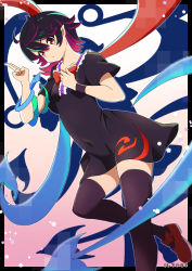 Rule 34 | 1girl, asymmetrical wings, black border, black dress, black hair, black thighhighs, blue wings, border, bow, bowtie, center frills, closed mouth, dress, footwear bow, frills, gradient background, hair between eyes, highres, houjuu nue, kaisendonburi, multicolored hair, pointy ears, red bow, red bowtie, red footwear, red hair, red wings, short sleeves, snake armband, solo, streaked hair, thighhighs, touhou, white background, wings