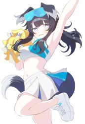 Rule 34 | 1girl, animal ears, arm up, bazz000033, black hair, blue archive, blush, breasts, bright pupils, cheerleader, dog ears, dog tail, eyewear on head, grey eyes, hibiki (blue archive), hibiki (cheer squad) (blue archive), long hair, medium breasts, midriff, millennium cheerleader outfit (blue archive), navel, pleated skirt, pom pom (cheerleading), ponytail, skirt, solo, star (symbol), sticker on face, tail, white footwear, white pupils, white skirt